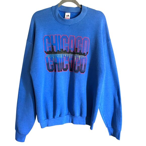 Vintage Fruit Of The Loom Chicago Heather Blue Crew Sweatshirt Size XL - Picture 1 of 5